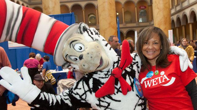 WETA's Director of Community Engagement, Ferne Barrow, with the Cat in the Hat at Discover Engineering Day.